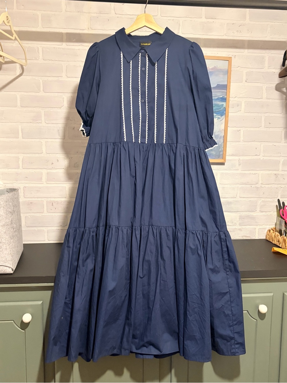 Sugar lips Navy Pintuck Tiered Midi Dress with Lace Trim